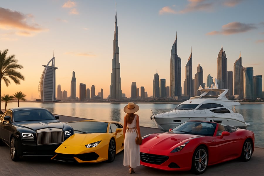 Dubai skyline with luxury vehicles and exclusive experiences