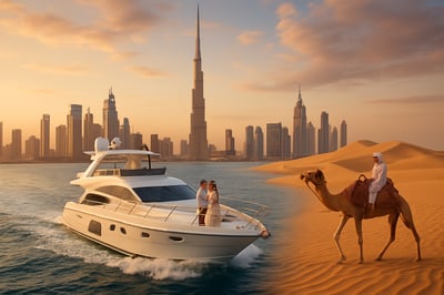 Luxury travel experiences in Dubai, including yachts, skyscrapers, and desert adventures
