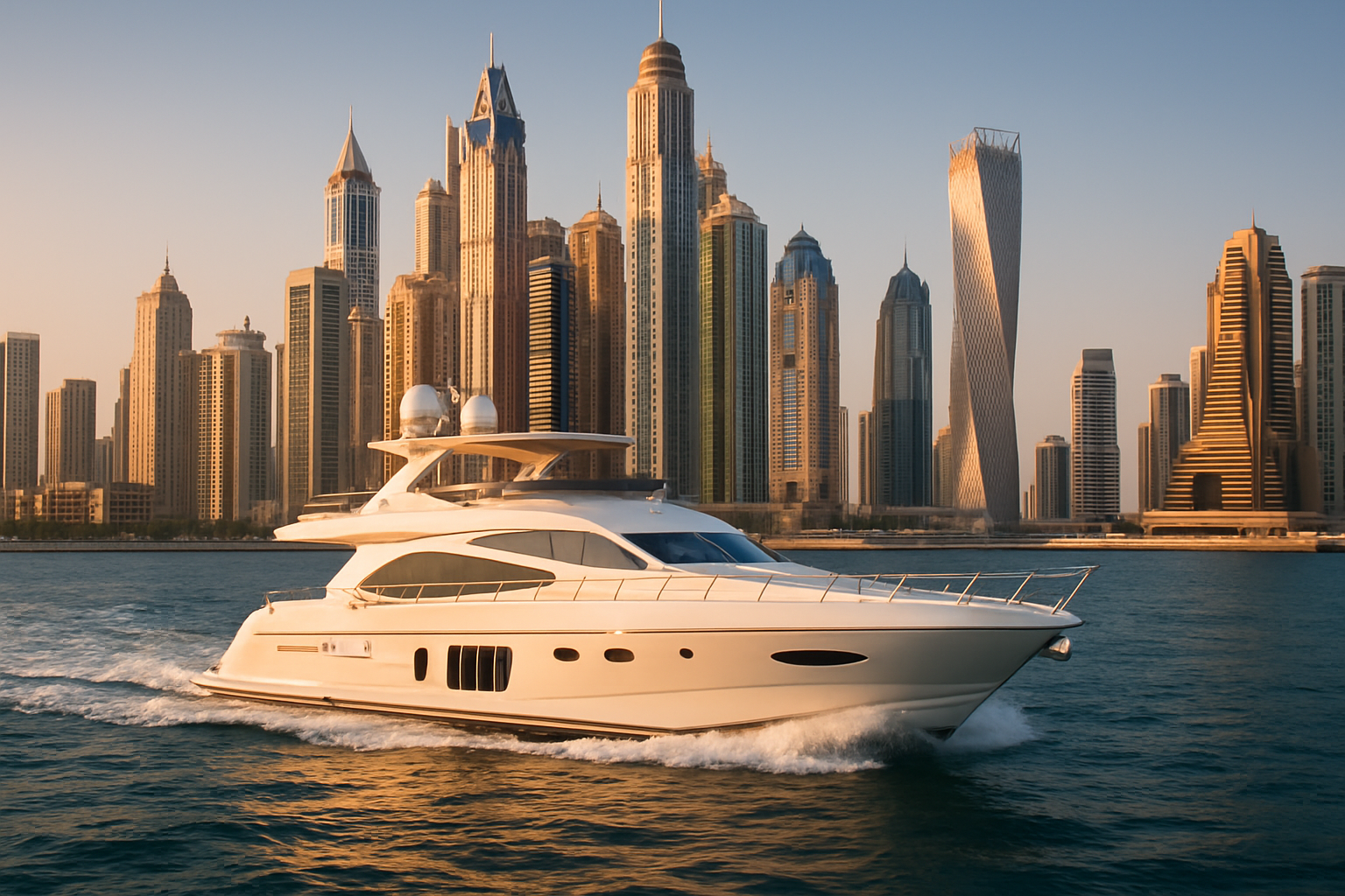 Luxury yacht cruising along Dubai Marina